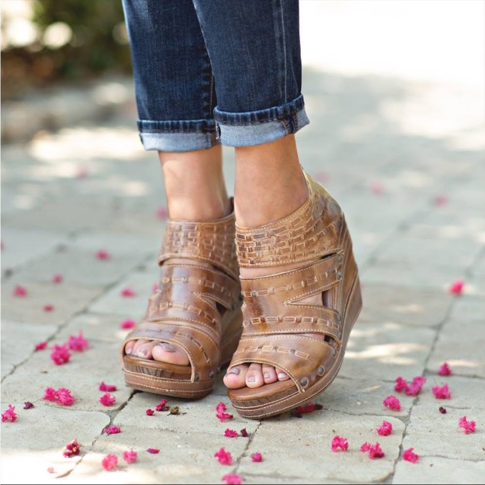 Bed Stu Tan Leather Wedge Sandals